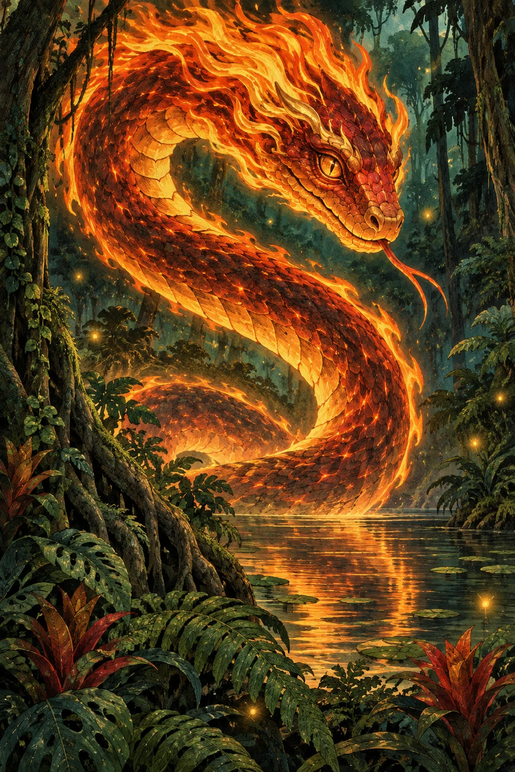 Boitatá, uma serpente de fogo dourado, se enrola sobre águas tranquilas entre samambaias e árvores.